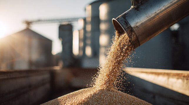 Harvested grain is pouring from a metal grain spout into a storage facility. This is to be used for food and for animal feed. The silo is filled with grain for long term storage.