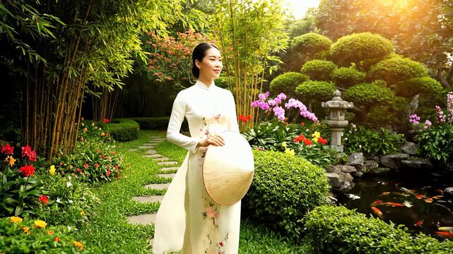 Elegant woman in traditional Vietnamese ao dai strolls through a serene bamboo garden with koi pond