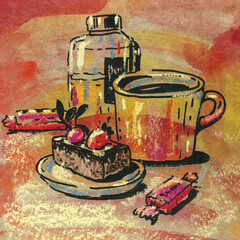 A sketch with a cup of tea and a cake. Mixed media.