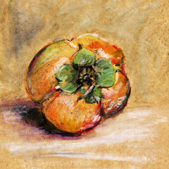 A sketch of a persimmon fruit. Oil pastels.