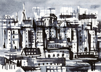 Panorama of a modern city. An ink sketch.