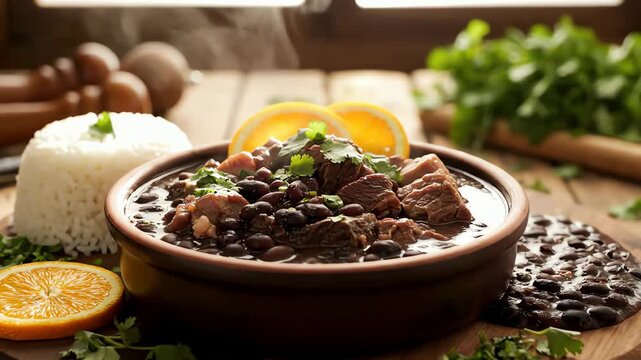 Steaming Bowl of Brazilian Feijoada with Rice Orange Slices and Greens