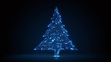 A circuit board forms a Christmas tree, glowing blue against a dark backdrop. It symbolizes technology, celebration, and the future, blending holiday spirit with innovation.
