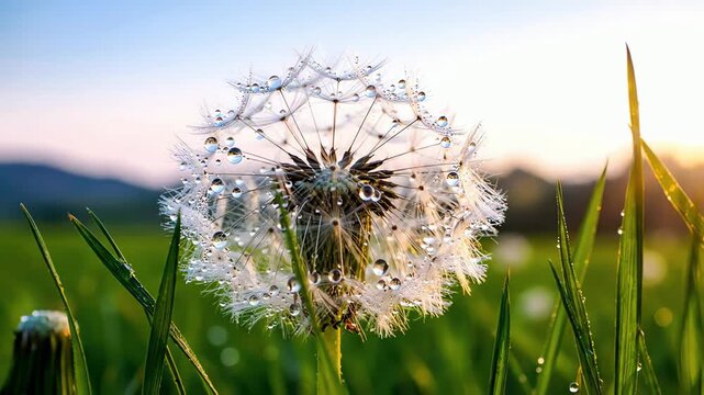 Beautiful dandelion clock with glistening dewdrops in a green field during a golden hour sunrise