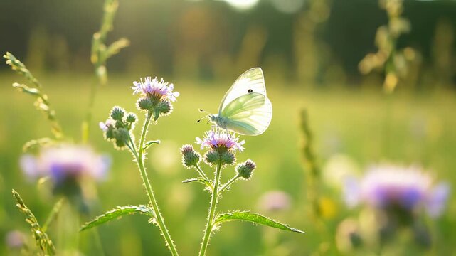 Close up shot of two delicate white butterflies on purple thistle flowers in a sunlit meadow