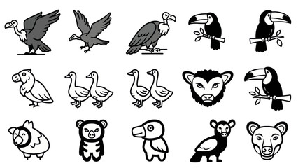 Obraz premium Variety of illustrated birds and animals in black and white outline