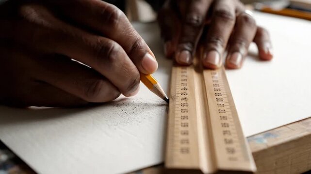 Close-up of hands drawing a line with a pencil and ruler on paper, showcasing precision and focus in a creative or technical task.