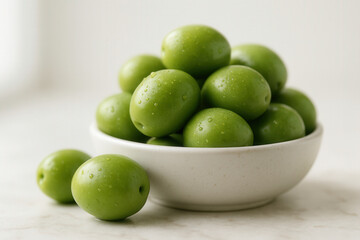 Fresh Green Olives In Ceramic Bowl With Water Drops On Neutral Background