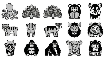 Stylized animal icons set octopus peacock bear tiger cow ape monkey © jakoni