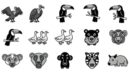 Obraz premium Variety of vectorized birds and animals in simple black and white style