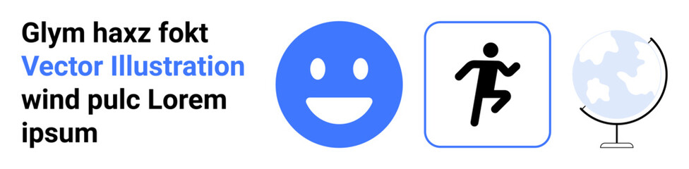 Fototapeta premium Digital design, global , happiness, movement, sports, earth-related concepts. Features a blue happy face, a running person icon and a globe image. global themes and movement dynamics