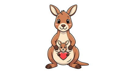 Cute cartoon mother kangaroo with baby joey in pouch holding a red heart