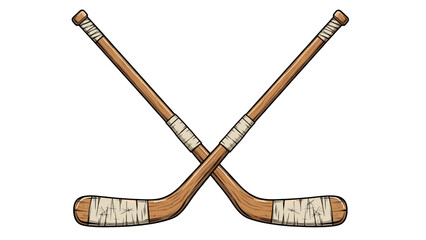 Two vintage wooden hockey sticks crossed in an x shape