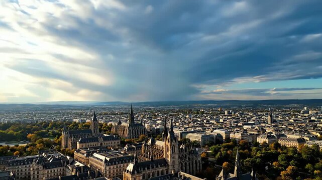 Majestic cityscape with gothic cathedrals under dramatic stormy sky aerial view
