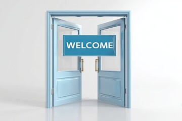 Welcoming Entrance: An inviting image of open doors featuring a Welcome sign, suggesting opportunity, openness, and new beginnings.