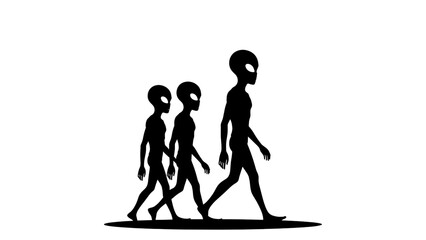 Silhouette of three extraterrestrial aliens walking in a line, representing family or group progression