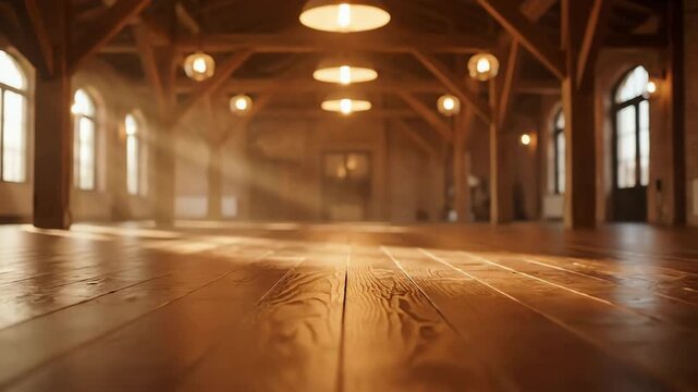 A spacious and empty rustic hall with a polished wooden floor illuminated by warm sunlight streaming through the windows.