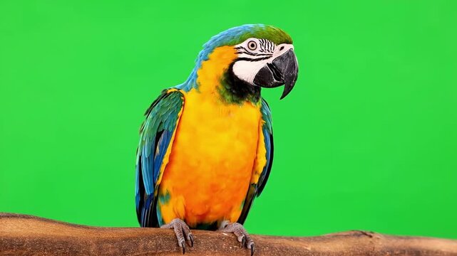 Vibrant blue and gold macaw parrot captured with crisp detail, isolated on a bright green screen background, ideal for video integration