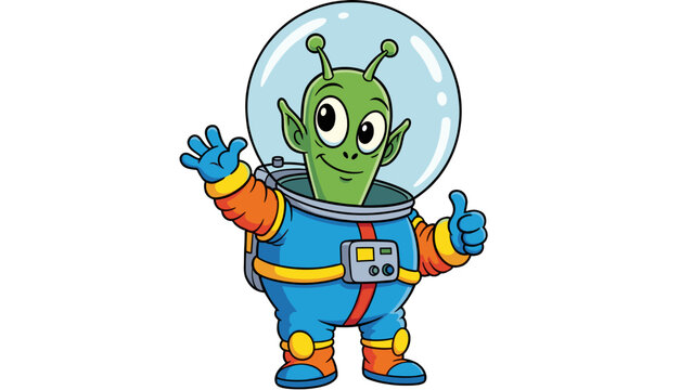 Cute cartoon green alien in a blue and orange spacesuit waving and giving a thumbs up