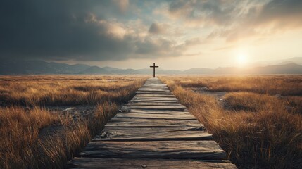 Fototapeta premium Path leading to a cross, symbolizing a spiritual journey and reflection for Good Friday. 