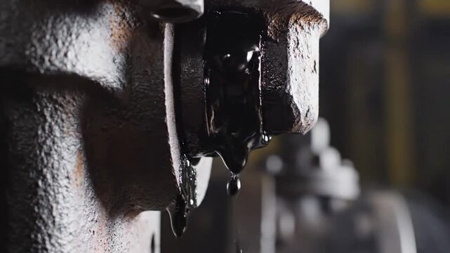 Close-up of thick black oil dripping from an industrial machine, showing a slow leak and the viscous nature of the liquid.