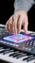 Close-up of hand triggering colorful pads on MIDI controller above synthesizer keyboard, creating electronic music in studio, modern sound production and creative workflow.