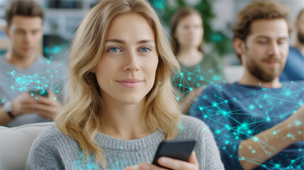 Young adults using smartphones with glowing network overlay, concept of social media, online communication and inclusive community, modern digital lifestyle and connectivity.