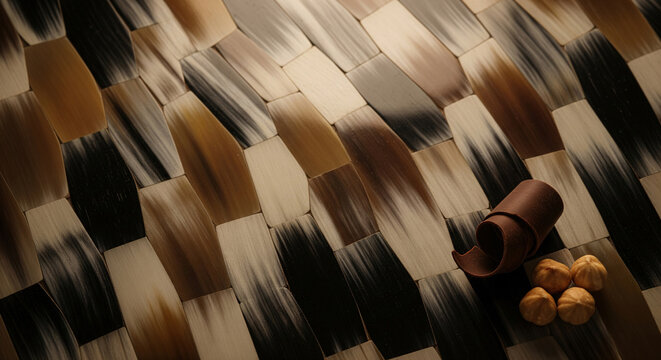 Elegant dark chocolate curl and hazelnuts on geometric faux horn mosaic background. Luxury brown tortoise shell tile pattern with copy space for dessert design.