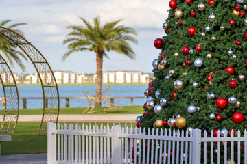 New year holidays in Florida. Winter holiday background featuring tinsel, sparkling ornaments, and soft glowing lights creating a magical Christmas atmosphere.