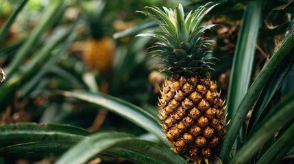 Obraz premium Ripe tropical pineapple growing on a lush plant in French Polynesia, highlighting agricultural cultivation and harvesting. 
