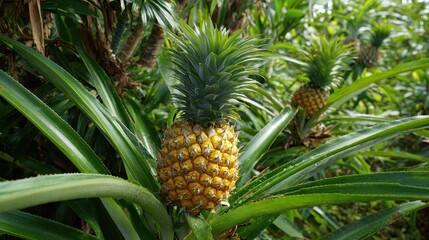 Obraz premium Ripe tropical pineapple growing on a lush plant in French Polynesia, highlighting agricultural cultivation and harvesting. 