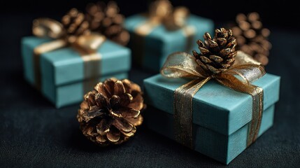 Light teal gift boxes with gold ribbon and pinecones arranged on dark background