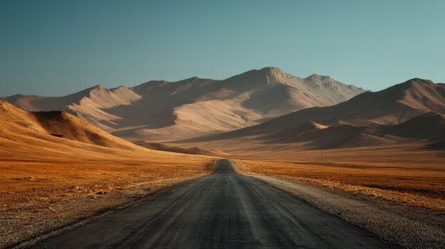 A long stretch of road goes through brown mountain landscapes under a clear blue sky during daytime. The terrain appears dry and rugged showing signs of natural land forms.