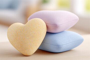 Obraz premium Soft gold heart ornament beside pastel heart boxes on a bright table, cozy minimal still life. Tender love theme for Valentine, family moments, gifting, and lifestyle branding.
