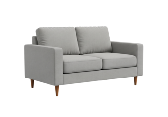 Modern light gray twoseater sofa with wooden legs for living room or apartment isolated on transparent background