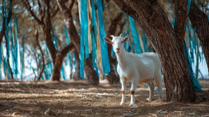 White goat stares amidst blue-ribboned trees, sunlit clearing
