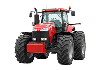 Obraz premium Modern red agricultural tractor with large tires, front view, isolated on transparent background