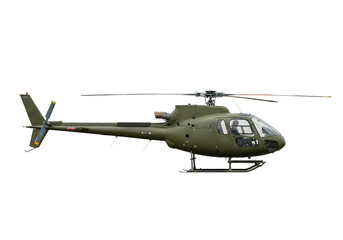 Military light utility helicopter in olive drab color, isolated on transparent background
