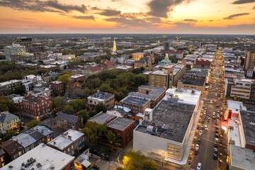 Savannah, Georgia. American architecture with illuminated streets and historical buildings