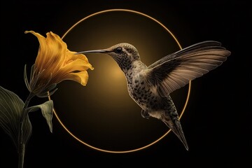 Hummingbird Feeding from Flower in Flight