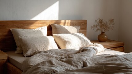Obraz premium Minimalist bedroom with wooden furniture and neutral-toned bedding, emphasizing clean lines, natural textures, and calm interior design. 
