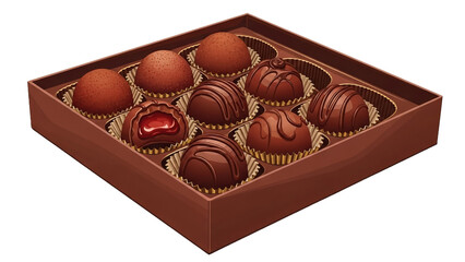 Box of nine chocolate truffles, some dusted with cocoa, some drizzled with chocolate, one cut open showing red filling isolated on transparent background