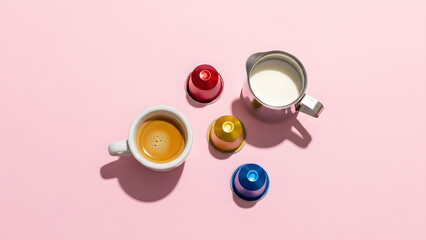Top view of espresso coffee cup with colorful capsules and milk pitcher on pink background, minimalist cafe concept, Generative AI.