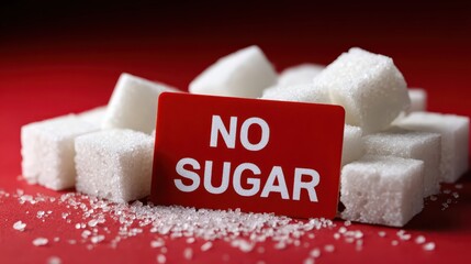 White sugar cubes and granules displayed on a red surface beneath a “No Sugar” sign, illustrating the concept of reducing sugar intake.
