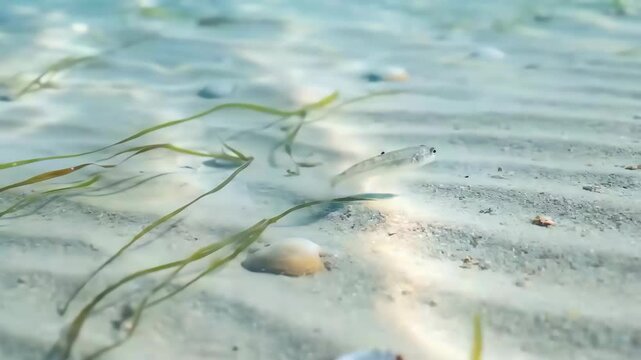 Small sand flatfish camouflaged shallow sandy seafloor with seagrass and shell. small fish and goby