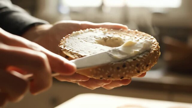 Cinematic close up of a person spreading cream cheese on a warm toasted everything bagel