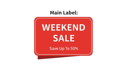 A red weekend sale label with discount information displayed prominently
