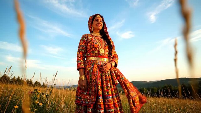 A graceful woman in a vibrant traditional Indian dress standing in a scenic meadow at sunset.