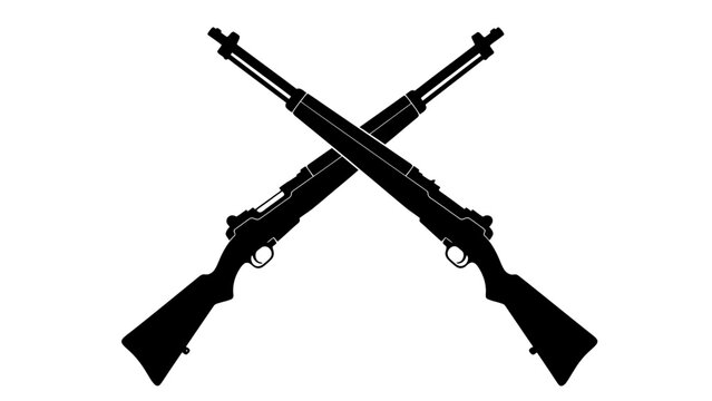 Two crossed rifles depicted in a stark black and white silhouette style