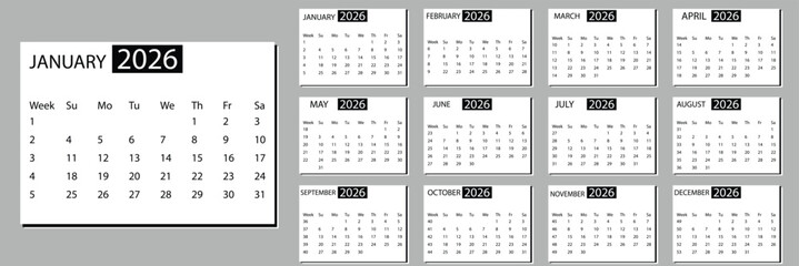 2026 calendar template. Corporate and business planner diary. The week starts on Monday Set of 12 months of pages 2026 calendar planner. collection of English monthly page calendars Design with Monday